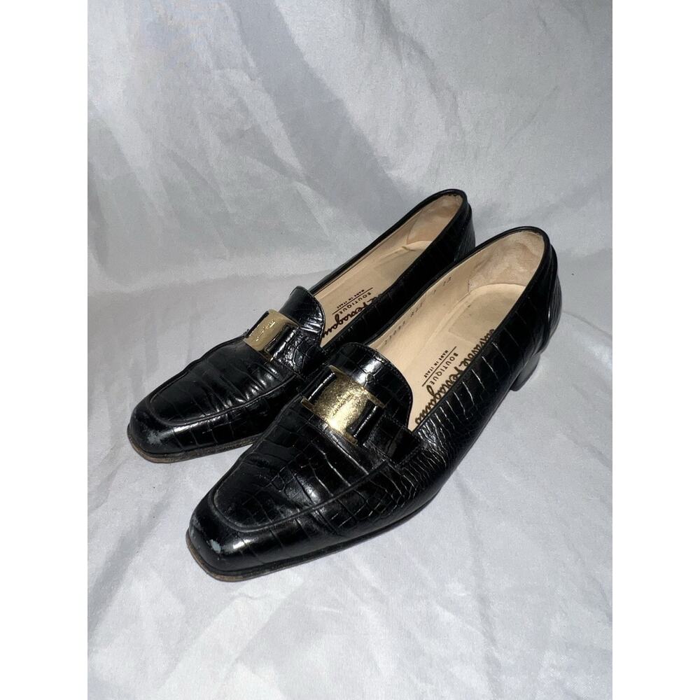 Vintage Salvatore Ferragamo Block Heel Loafers Buckle Black Leather 7 2A Scuff